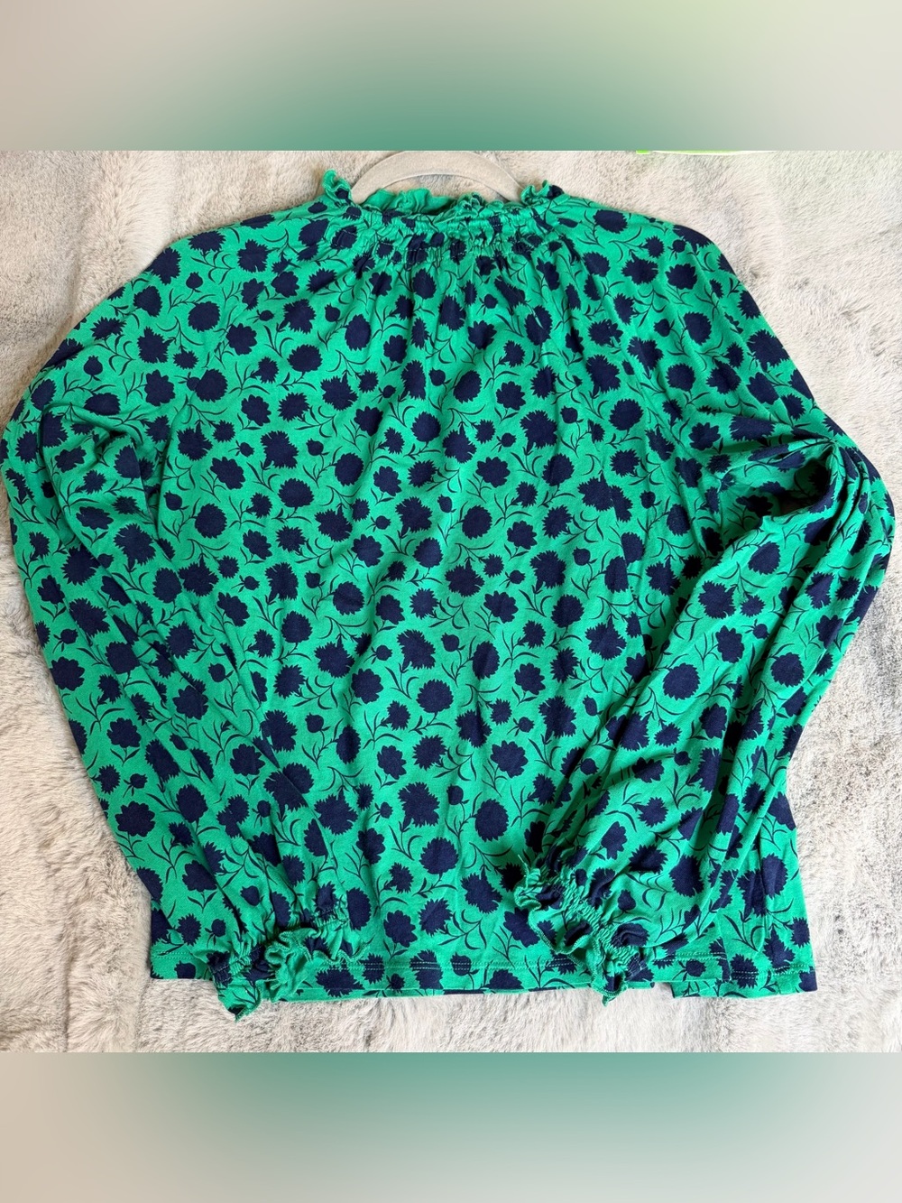 Boden Green & Navy Floral Ruffled High Neck Blouse - Size 12